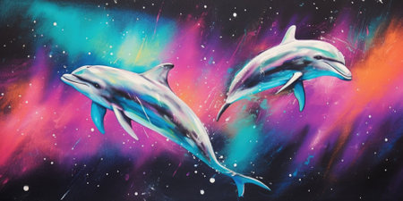 An airbrush painting of 1980s dolphins floating in minimal space style. Generative AI AIG27.の素材