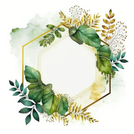 Hexagon frame of green and golden leaves with watercolor painting isolated on white background. Theme of vintage minimal art design in geometric. Finest generative AI.の素材