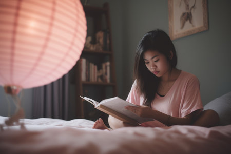 Female Asian teenager reading books in bedroom casual relaxing pastel. Generative AI AIG23.の素材