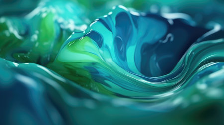 The close up of a glossy liquid surface abstract in cool blue and green colors with a soft focus. 3D...