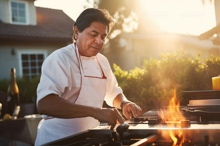 Male Hispanic adult cooking outdoor kitchen stove. Generative AI AIG23.の素材