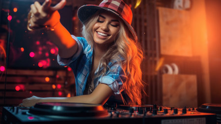 A happy DJ woman wearing a plaid shirt and hat is having fun playing music at a club party. Generative AI AIG30.の素材