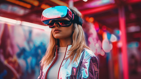 Beautiful model with colorful and trendy outfit with glowing colorful light, colorful dyed hair and fashionable glitch core teenager girl wearing VR. Picturesque generative AIの素材