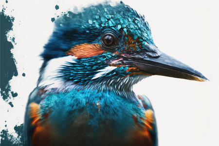 Contemporary abstract artwork double exposure kingfisher of and forest landscape design, concept of bird and natural wilderness adventure. Superb Generative AI.の素材