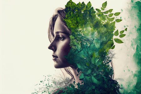 Beautiful woman portrait with blossom greenery foliage leaf hairstyle on isolated background double exposure. Girl face cover with blossom springtime leaves. Superb Generative AI.の素材