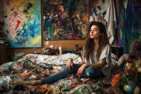 Female Middle Eastern teenager painting art studio artist apron picture drawing. Generative AI AIG23.の素材