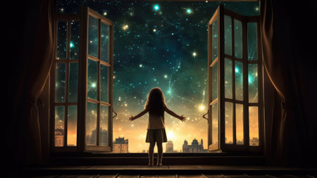 A happy little girl standing at a large window and looking at stars in the sky with dreamy and imaginative. beautiful Generative AI AIG32の素材