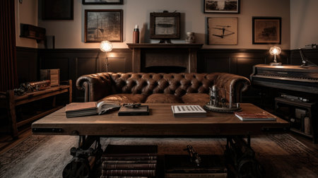 Living room decor, home interior design . Rustic Industrial style with Fireplace decorated with Wood and Metal material . Generative AI AIG26.の素材