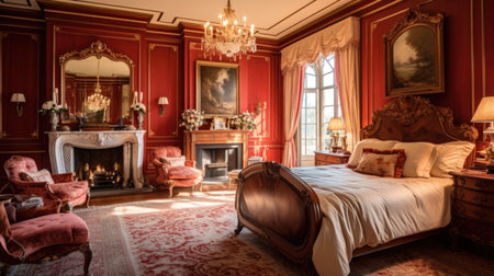 Bedroom decor, home interior design . Traditional Classic style with Fireplace decorated with Wood and Marble material . Generative AI AIG26.の素材