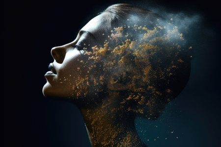 Woman portrait profile with dispersion and dissolve effect. Generative AI AIG27.の素材