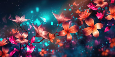 beautiful abstract teal pink orange night photo floral design background banner. beautiful Generative AI AIG32の素材