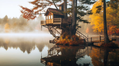 The vintage wooden lakeside treehouse exterior in Canada. Generative AI image AIG30.の素材