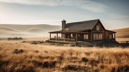 Home architecture design in Mid-Century Style with Large windows constructed by Wood and glass material. Post-war architecture with modern elements. Generative AI AIG25 .の素材