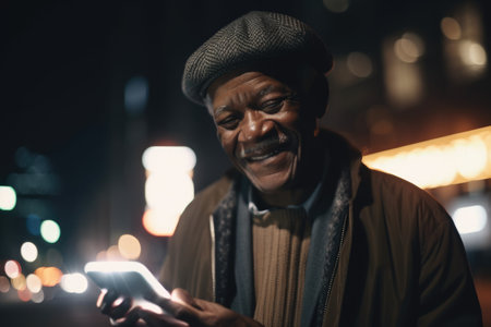 a senior african-american man trendy clothes using mobile phone with background of urban city street at night Generative AI AIG18.の素材