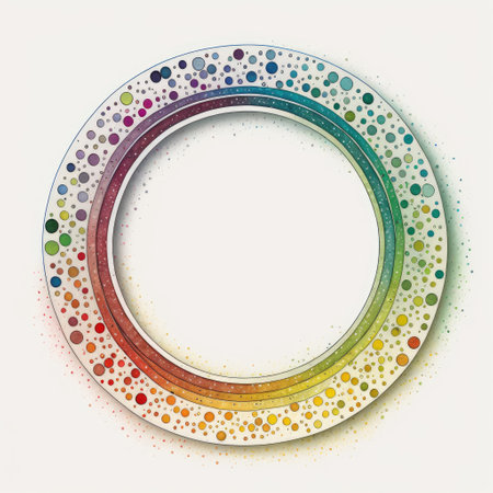 Empty circle frame on white background. Concept of overlapped mystery colorful watercolor. Finest generative AI.の素材