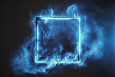 Abstract of glowing smoke square frame illuminated with neon light on darkness sky view. Concept of futuristic minimal geometric shape in paradise. Finest generative AI.の素材