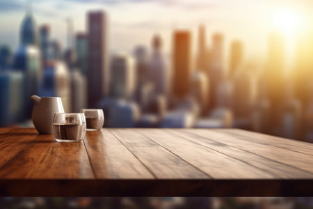 The wooden table top with blur background of modern office interior with cityscape in the morning. Generative AI image AIG30.の素材
