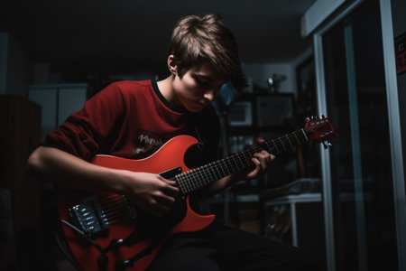 Male Caucasian teenager playing guitar in garage activity music. Generative AI AIG23.の素材
