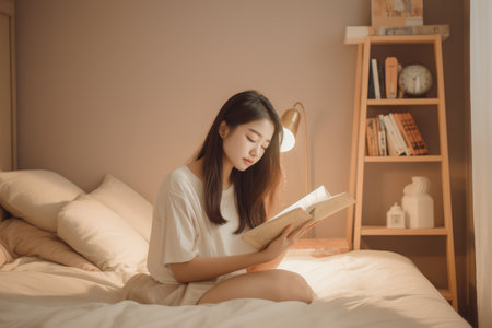 Female Asian teenager reading books in bedroom casual relaxing pastel. Generative AI AIG23.の素材