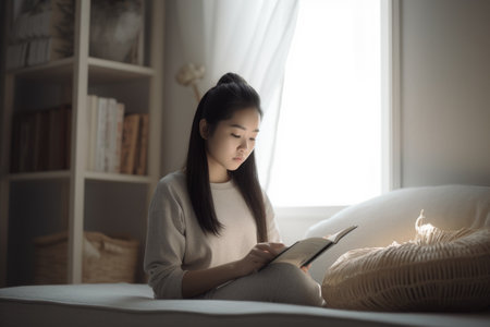 Female Asian teenager reading books in living room casual relaxing. Generative AI AIG23.の素材
