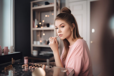 Female Caucasian teenager doing makeup in bedroom glamor. Generative AI AIG23.の素材