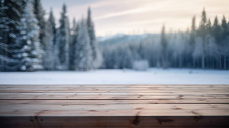 The empty wooden table top with blur background of winter in Finland. Exuberant image.の写真素材