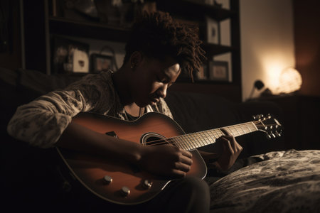 Male African teenager playing guitar in bedroom activity music. Generative AI AIG23.の素材