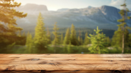 The empty wooden brown table top with blur background of Norway nature landscape. Exuberant image.の写真素材