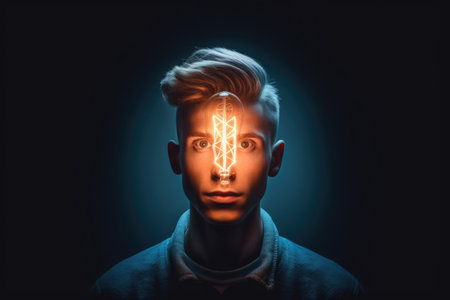 bright light bulb floating above of young scandinavian mans head. beautiful Generative AI AIG32の素材
