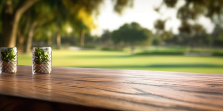 The empty wooden brown table top with blur background of country club. Generative AI image AIG30.の素材