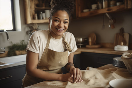 Female African american adult cooking in kitchen apron chef attire. Generative AI AIG23.の素材