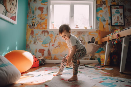 Male Caucasian child playing in playroom fun leggings. Generative AI AIG23.の素材