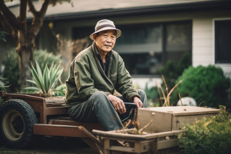 Male Asian senior gardening in backyard plants grass. Generative AI AIG23.の素材