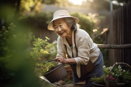 Female Asian senior gardening in backyard plants practical. Generative AI AIG23.の素材