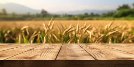 The empty wooden brown table top with blur background of corn field. Exuberant image.の写真素材