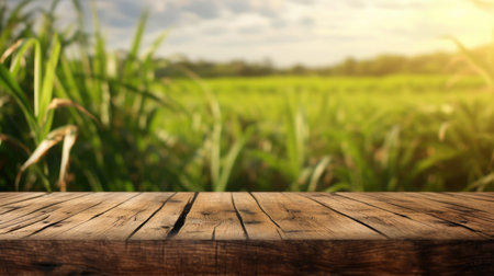 The empty wooden brown table top with blur background of sugarcane plantation. Exuberant image.の写真素材