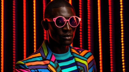 Young male model posing with trendy man fashion outfit and colorful vibrant glowing green and pink optical art abstract background. Picturesque generative AIの素材