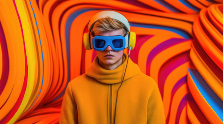 Young male model wearing VR posing with trendy fashion outfit and colorful orange optical art abstract background. Picturesque generative AIの素材