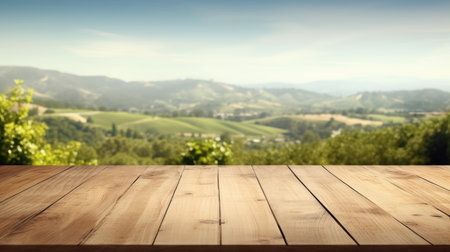 The empty wooden brown table top with blur background of Napa hill landscape. Exuberant image.の写真素材