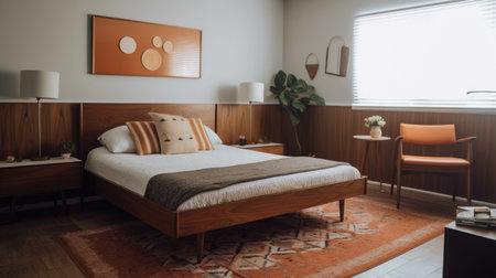 Bedroom decor, home interior design . Mid-Century Modern Retro style with Wall Art decorated with Wood and Leather material . Generative AI AIG26.の素材