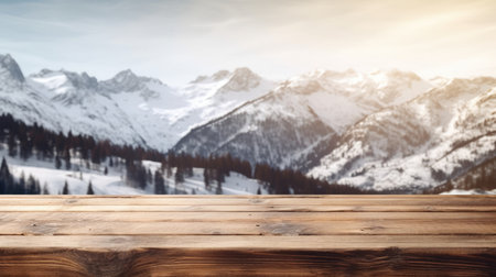 The empty wooden table top with blur background of Alpine with snow capped. Exuberant image.の写真素材