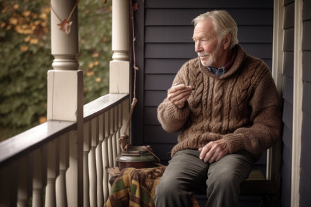 Male Caucasian elderly knitting cozy sweater warmth patio. Generative AI AIG23.の素材