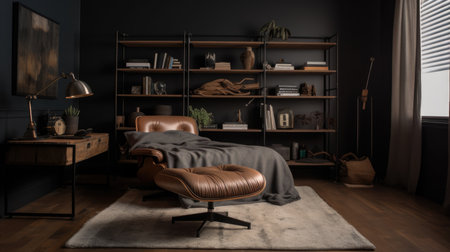 Bedroom decor, home interior design . Industrial Mid-Century Modern style with Bookshelf decorated with Metal and Leather material . Generative AI AIG26.の素材
