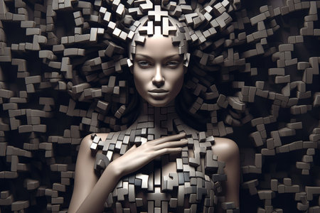 A woman made of dark grey puzzle pieces with some are missing, Generative AI AIG27.の素材