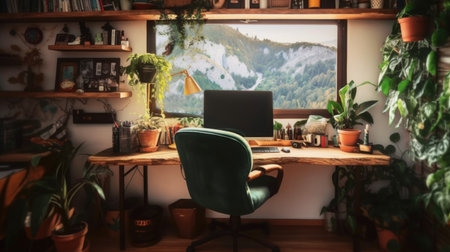 Modern workplace with a laptop in room decorated with green potted plants. Generative AI AIG27.の素材