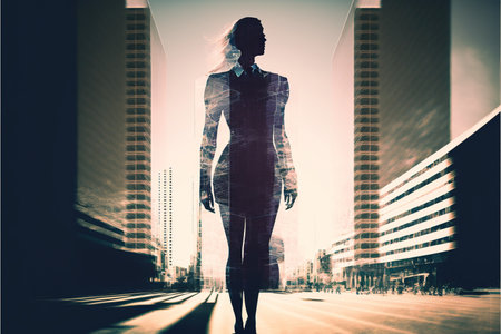 Ambitious businesswoman in black suit-clad profile with background residential city highrise buildings in double exposure, Successful businesspeople with strategic plans. Superb Generative AI.の素材