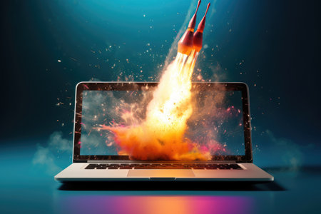 Rocket coming out of laptop screen. beautiful Generative AI AIG32の素材
