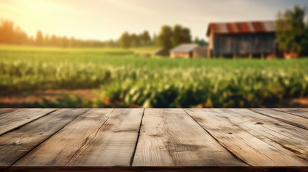 The empty wooden brown table top with blur background of farm and barn. Exuberant image.の写真素材