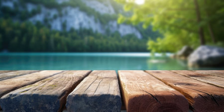 The empty wooden table top with blur background of Plitvice lakes. Exuberant image.の写真素材