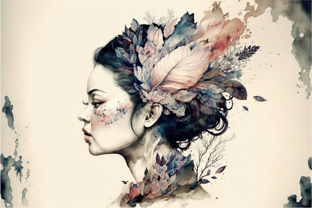 Beautiful pale skin woman portrait with blossom flower bouquets hairstyle on isolated background double exposure. Girl face cover with blossom springtime leaves. Superb Generative AI.の素材